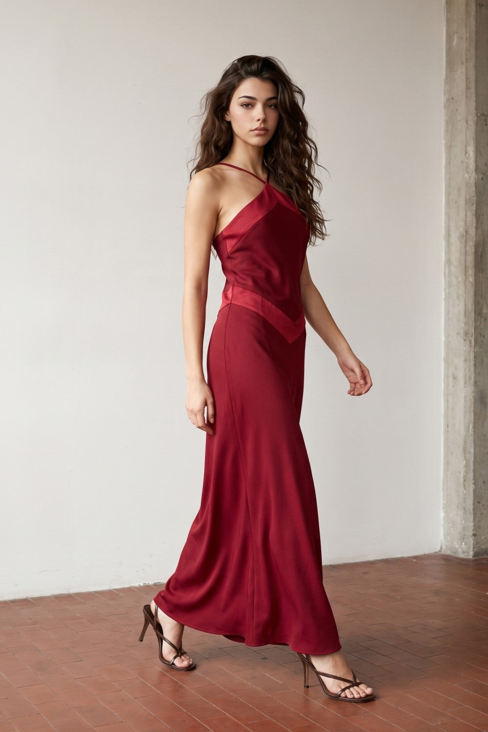 Deep Red Contrast Satin Halter Dress