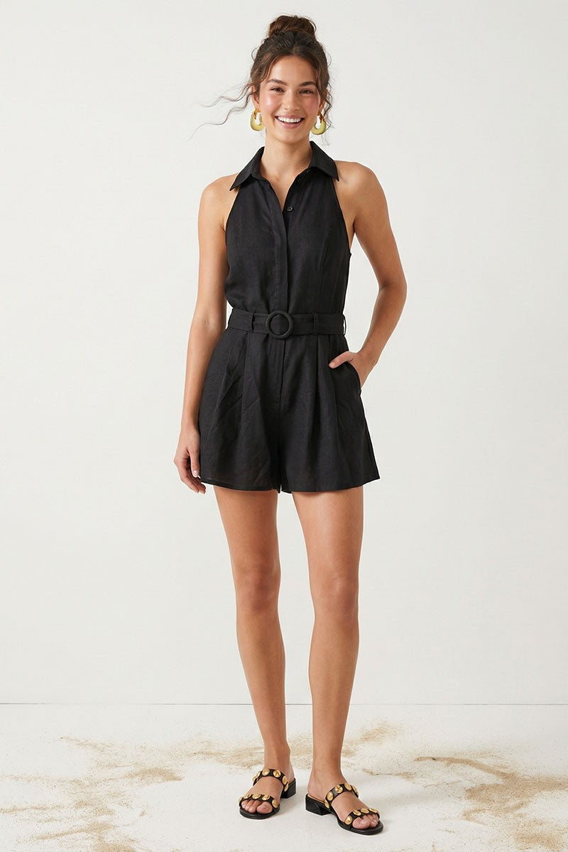 Black Belted Linen Halter Romper