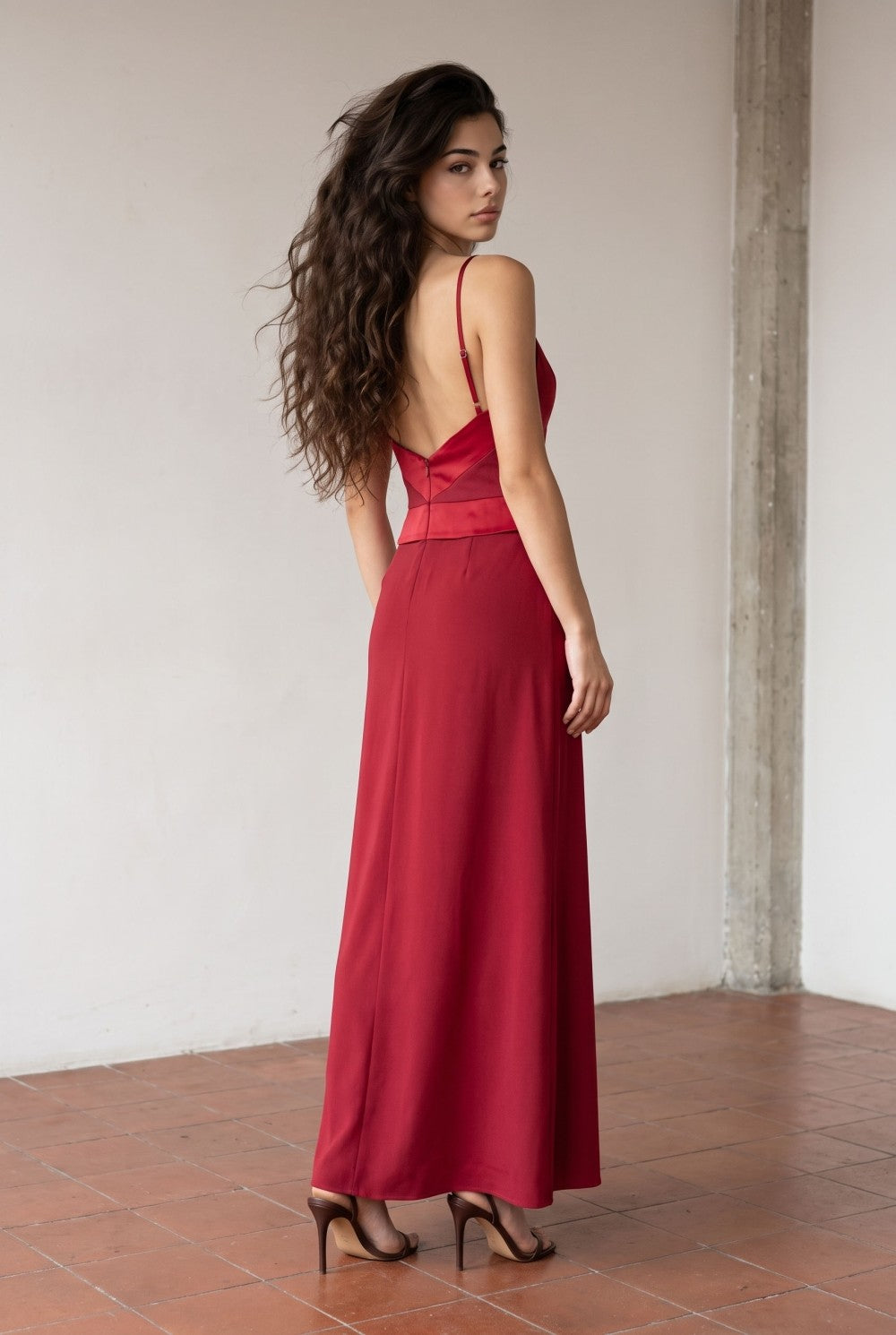 Deep Red Contrast Satin Halter Dress