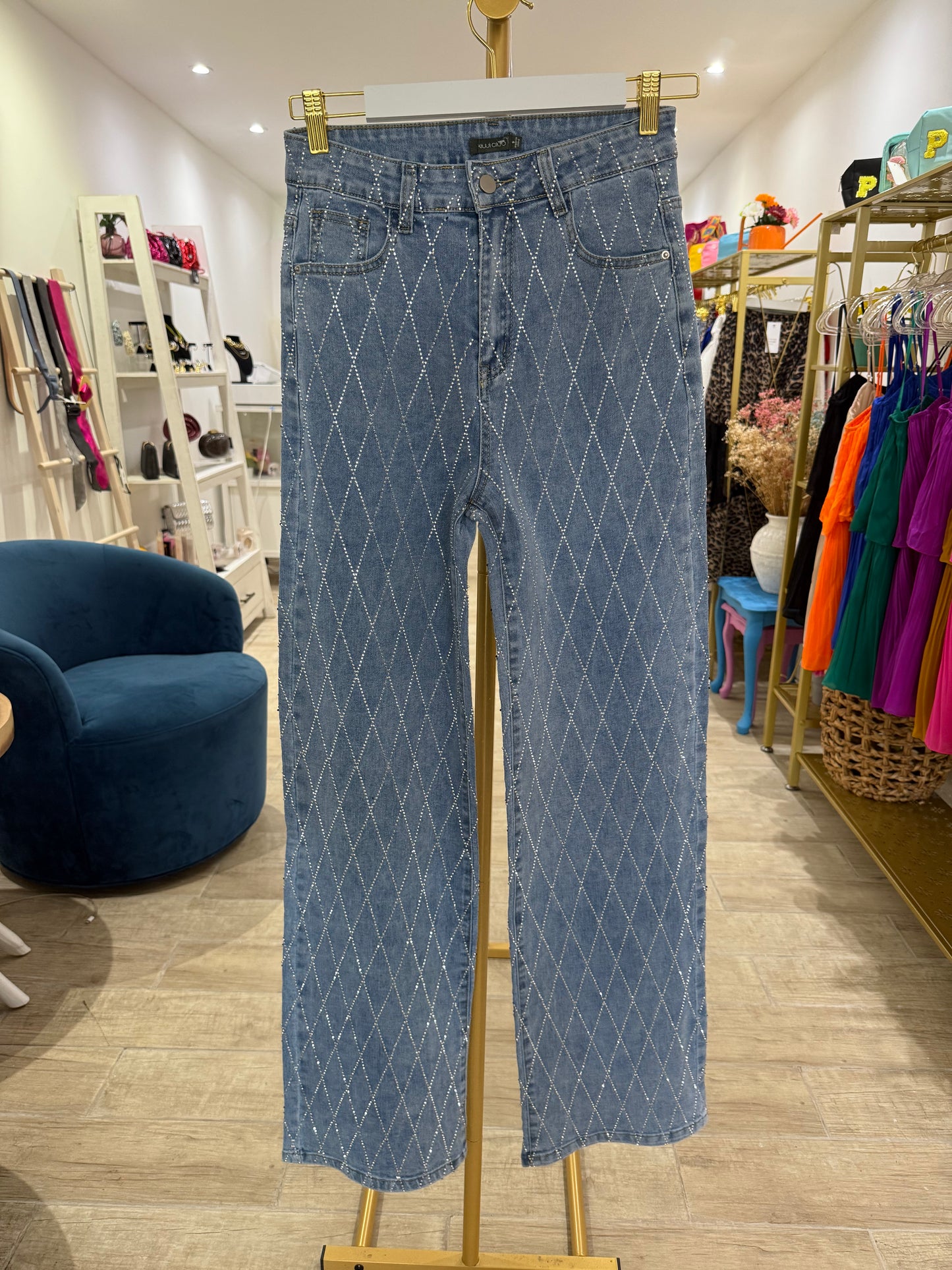 Super Stretch Diamond Pattern Rhinestone Jeans