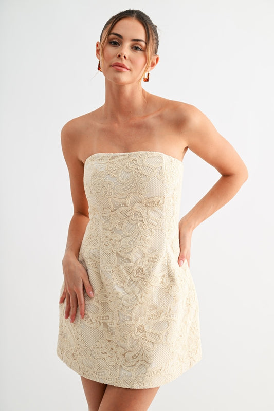 Ivory Bloom Lace Strapless Mini Dress