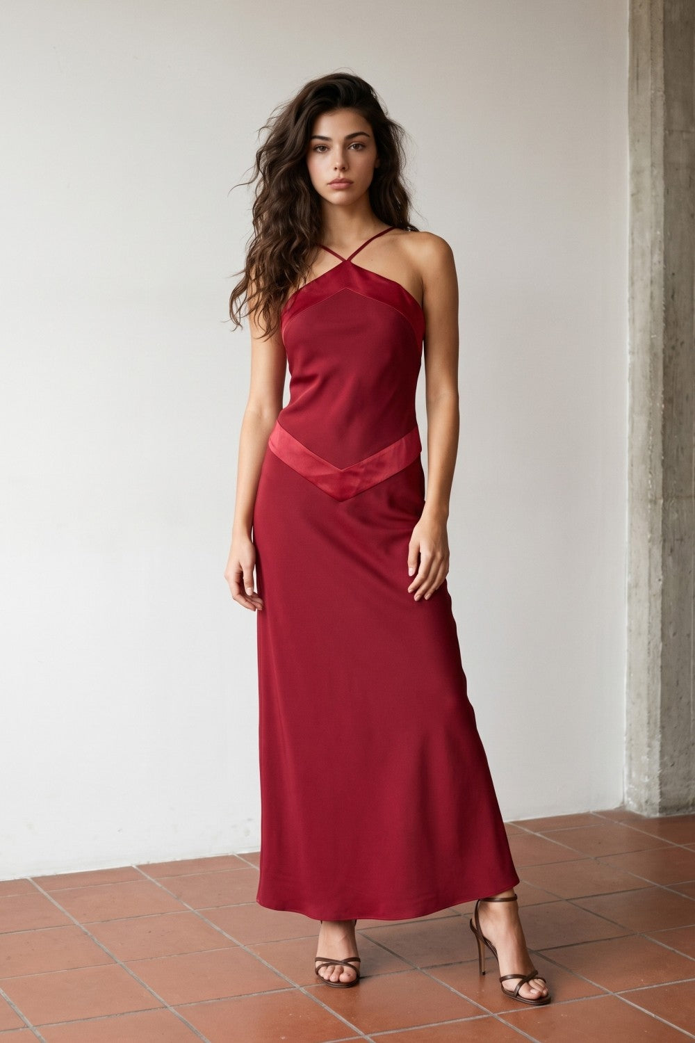 Deep Red Contrast Satin Halter Dress