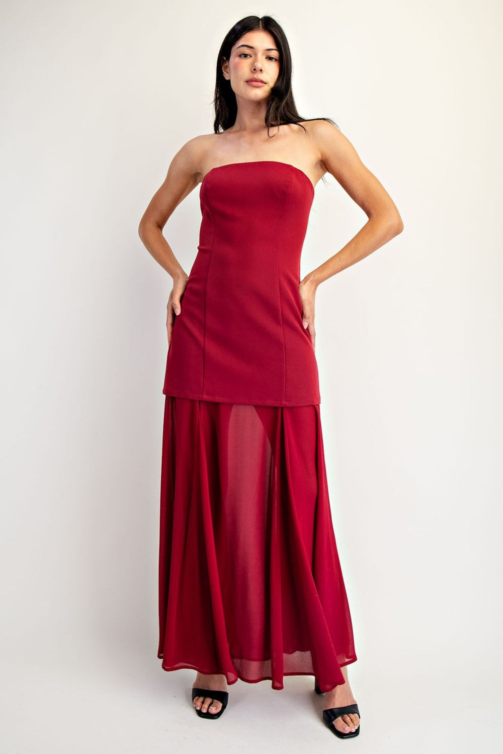 Berry Contrast Strapless Maxi Dress