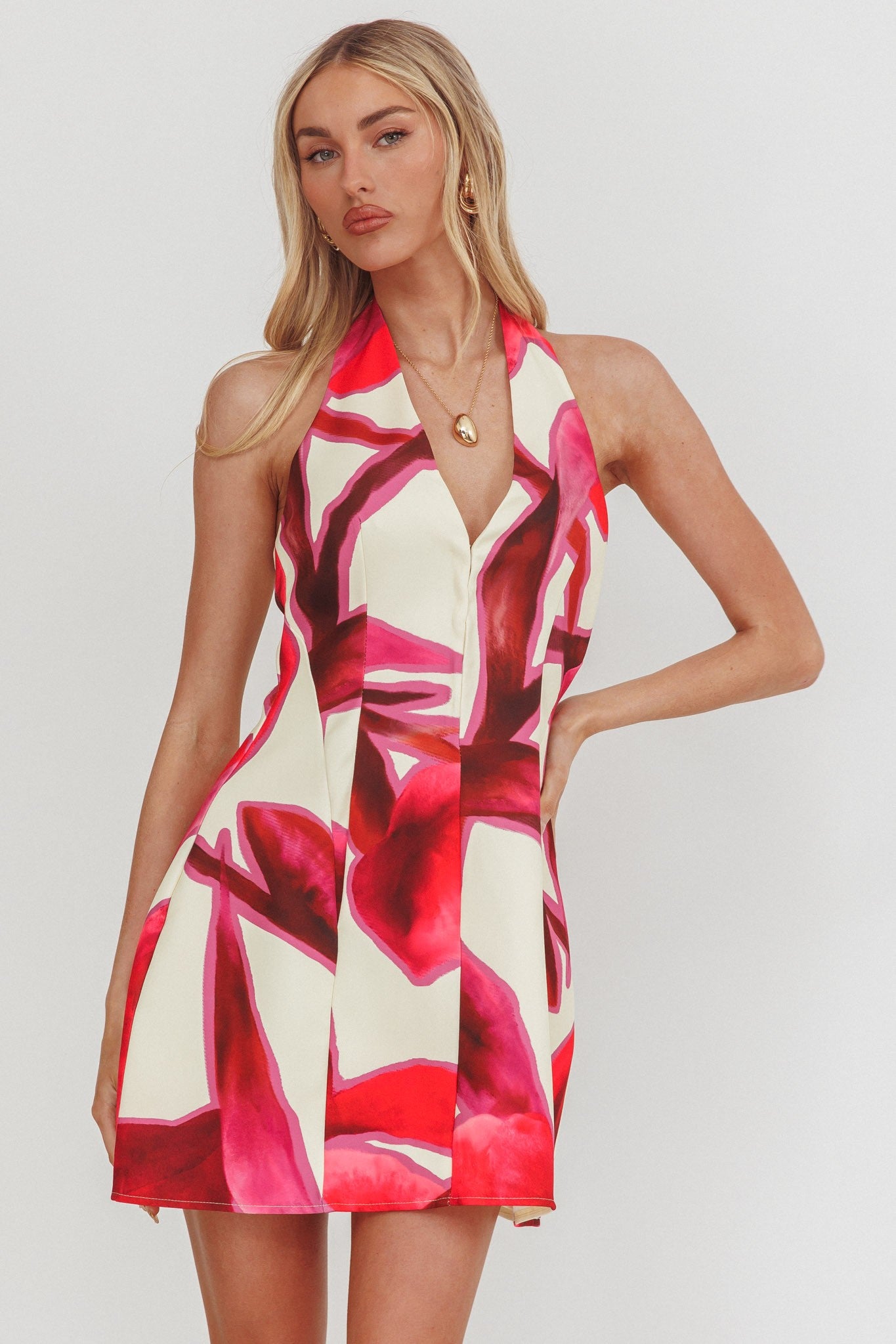 Abstract Halter V Neck Mini Dress