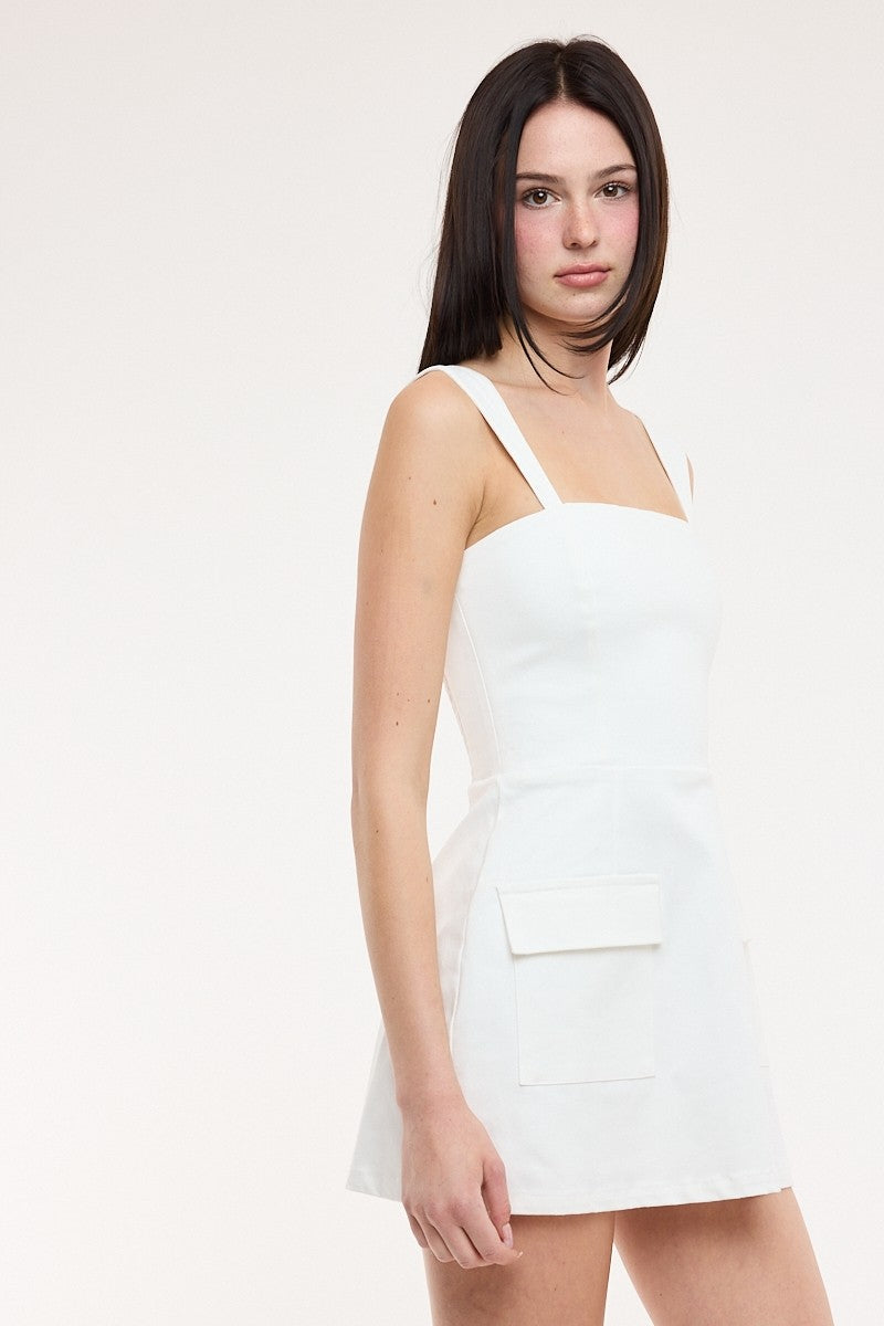 White Denim Square Neck Plain Romper Dress