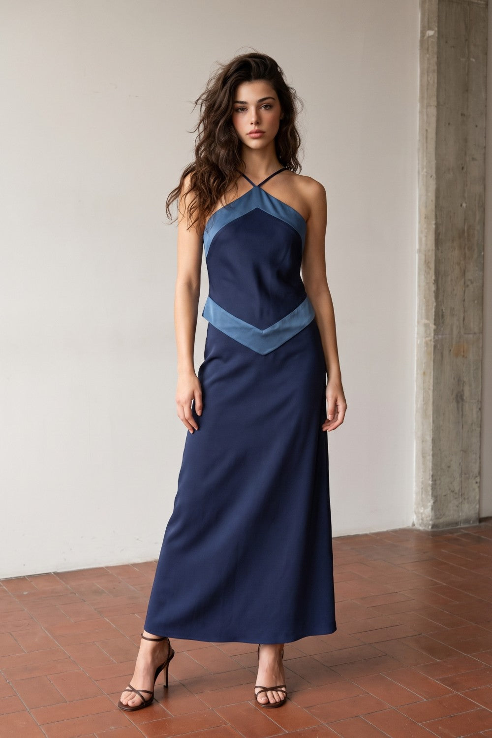 Navy Contrast Satin Halter Dress