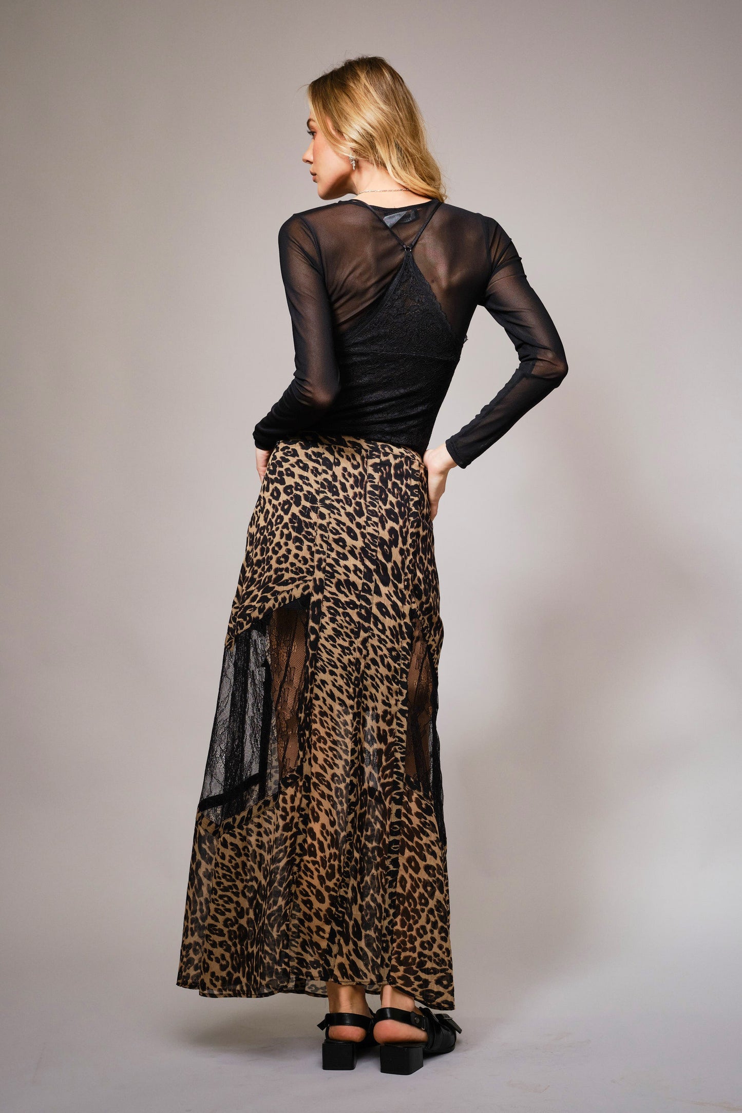 Leopard Lace Panel Maxi Skirt