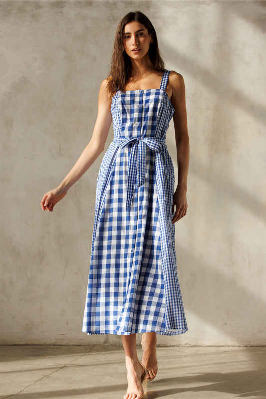Blue Gingham Midi Dress
