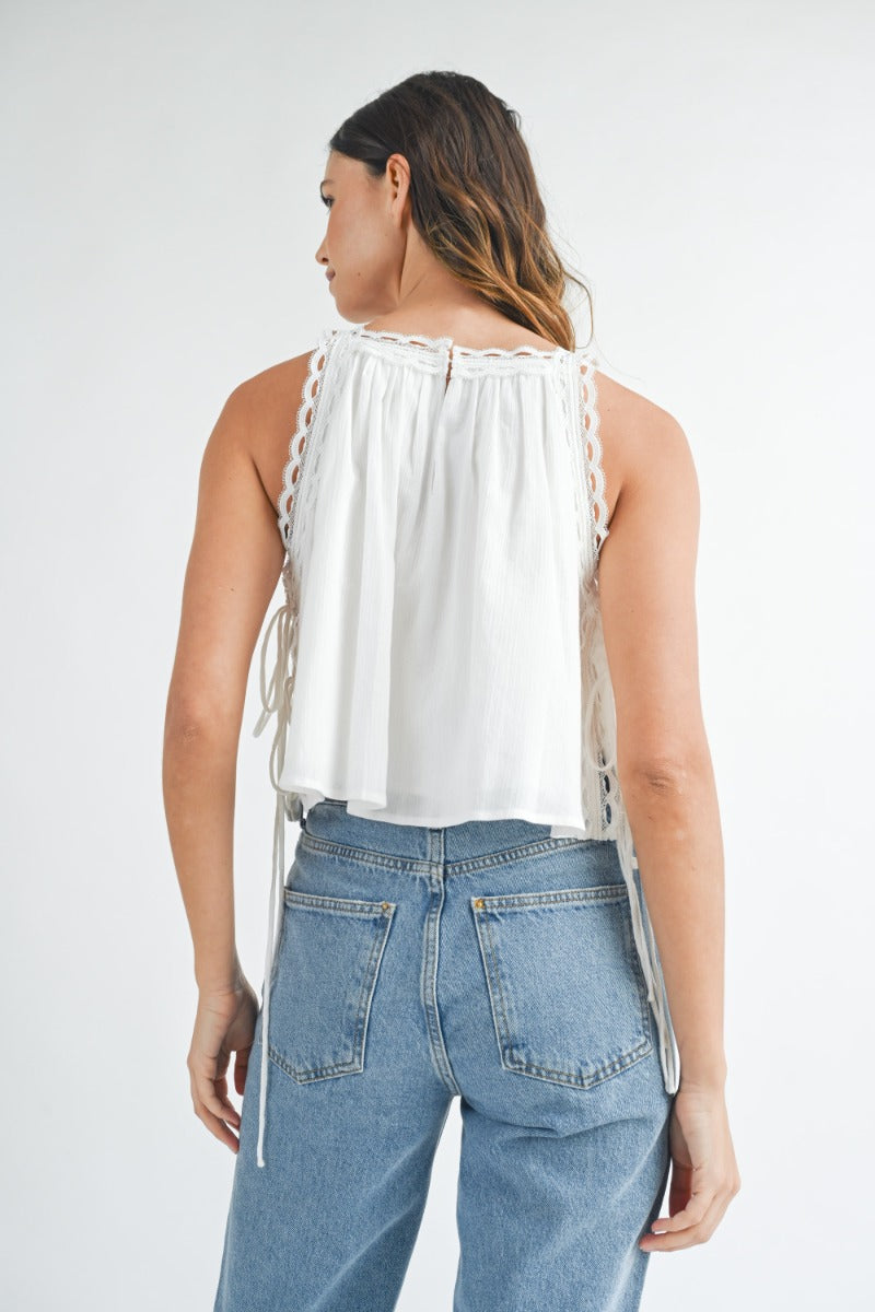 White Solid Lace Trim Detail Top