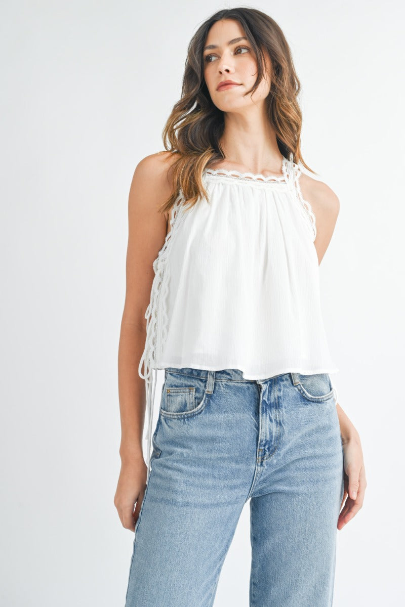 White Solid Lace Trim Detail Top