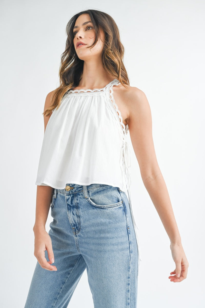 White Solid Lace Trim Detail Top